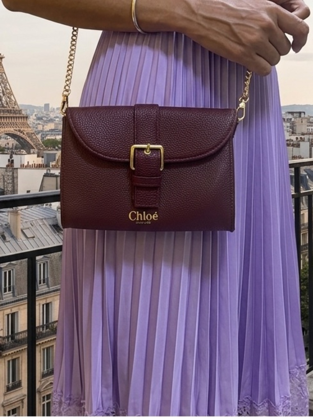 Chloe Parfums France Burgundy Vegan Leather Crossbody Bag with Gold Chain